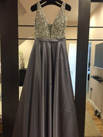 V-Neck Beads Bodice Open Back A Line Long Evening Dress Party
