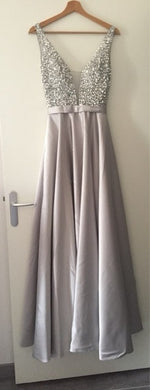 V-Neck Beads Bodice Open Back A Line Long Evening Dress Party