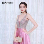 V-Neck Beads Bodice Open Back A Line Long Evening Dress Party