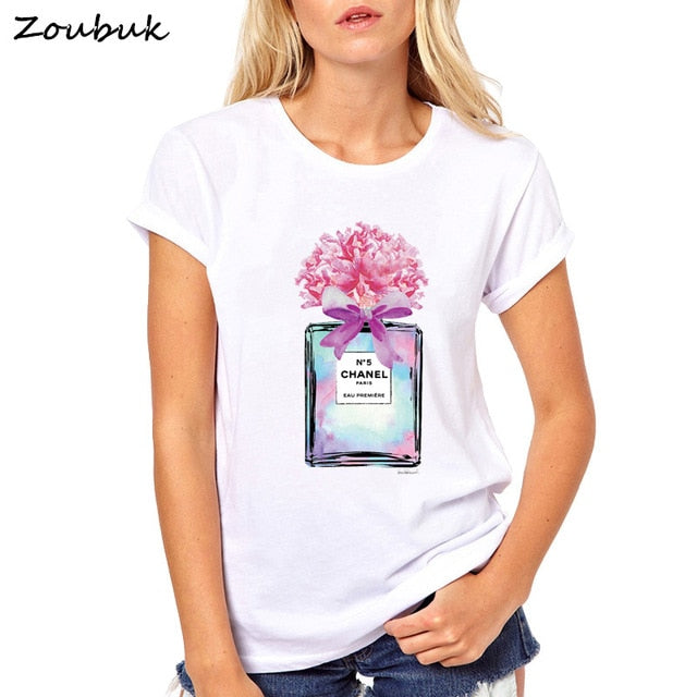 Women Flower Perfume t shirt camisetas Fashion Ladies