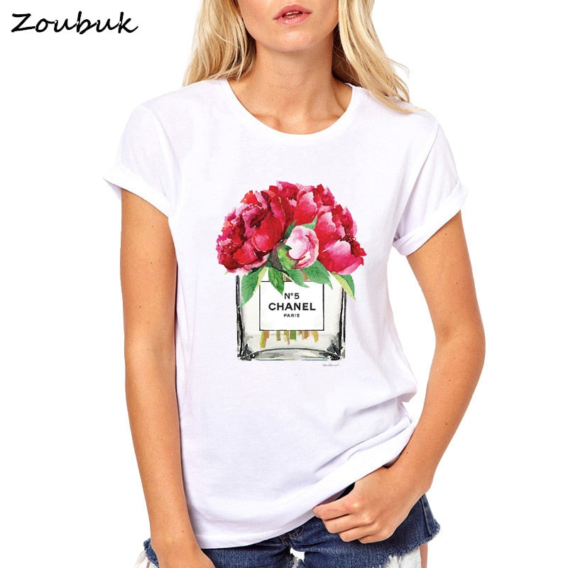 Women Flower Perfume t shirt camisetas Fashion Ladies