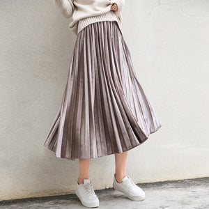 Women Long  Silver Pleated Skirt Midi Skirt High