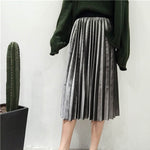 Women Long  Silver Pleated Skirt Midi Skirt High