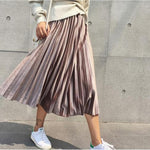 Women Long  Silver Pleated Skirt Midi Skirt High