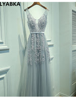 Sexy V-neck Evening Dress  Soiree  Grey Tulle